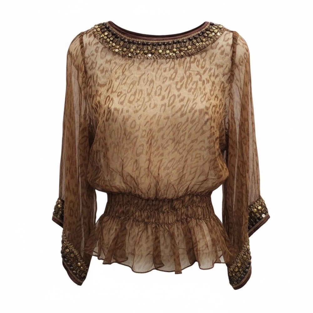 Boston Proper brown, sheer, leopard-print blouse with embellishments.